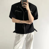Bonsir Korean Fashion Male Zipper Shirts Summer Trendy Casual Short Sleeved Tops New Male Solid Cardigan Stand Collar Functional Shirt