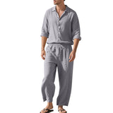 BONSIR  -  Summer Casual Mens Linen Two Piece Suits Leisure Breathable Long Sleeve Shirt And Trousers Men Outfits Fashion Solid Color Sets