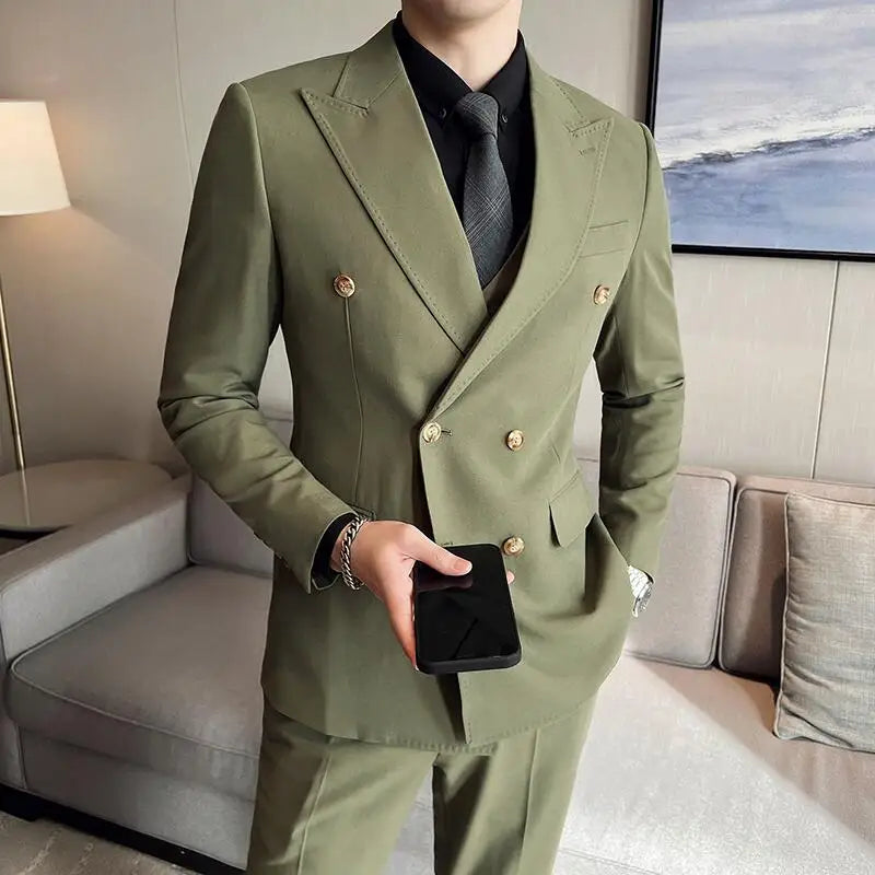 Bonsir (Jackets+Pants+Vest) High-quality Men's Double Breasted Elegant Fashion Suits 3 Pcs Set Olive green Casual Wedding Social Tuxedo