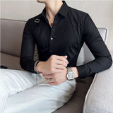 Bonsir Strap Decorative Design Shirt Mens Clothing Korean Long Sleeved Slim Fit Casual Shirts Nightclub Prom Show Dress Shirt