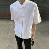 Bonsir Mens Stand Collar Functional Shirt Spring Summer Zipper Short Sleeve Shirts Tops Fashion Street Solid Original Design Blouse