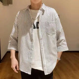 BONSIR  -  Fashion Casual Streetwear Loose Striped Handsome Three Quarter SleeveTurn-down Collar Button Summer Korean Men's Clothing Man