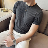 Bonsir Summer Men Ice Silk Short Sleeved T-shirt Fashion Stripes O-Neck Slim Fit Casual Elastic Tee Tops 4XL-M Streetwear