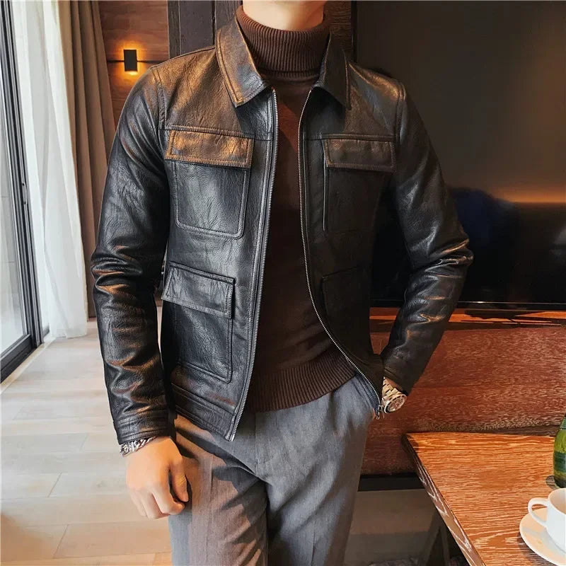 Bonsir Autumn Winter High Quality Faux Leather Jacket Fashion Multi Pocket Design PU Leather Coats Man Vintage Business Slim Fit Coats