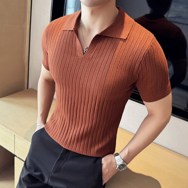 Bonsir Summer New Striped V-neck Knitted Polo Shirts Fashion Men‘s Short Sleeved Thin Breathable Casual Social T-shirt 4XL-M