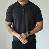 BONSIR  -  New Fashion American Style Men T-shirt Light Luxury Knitted Henry Collar Tees Casual Solid Color Short Sleeve Breathable Tops