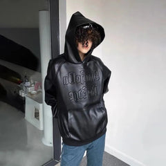 Bonsir American Casual Oversize Hoodie Mens Spring Autumn Trendy Motorcycle Leather Jacket Loose Comfort Simple Solid Hooded Sweatshirt