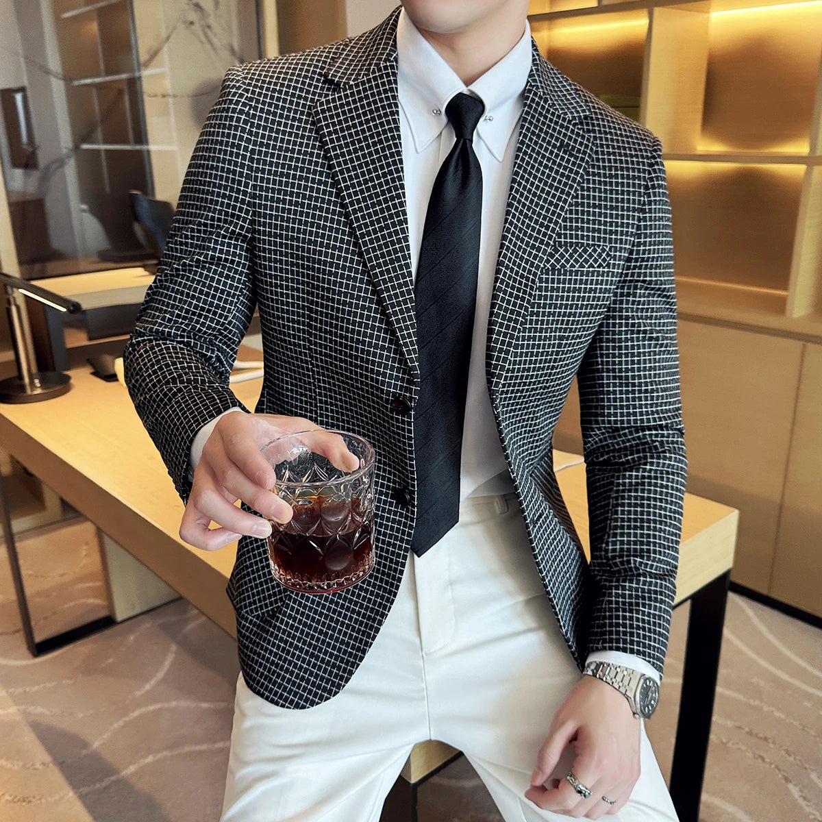 Bonsir British Style Plaid Suit Jacket For Men New Business Casual Slim Blazer Formal Wedding Party Suit Dress Coats Men Clothing