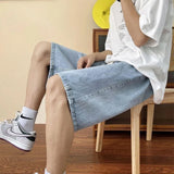 BONSIR  -  Summer Thin Denim Shorts Men's Hong Kong Style Brand Loose Straight Casual Mid-pants Versatile Wide-leg Five-point Pants Men