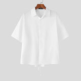 BONSIR  -  Men Shirt Solid Color Lapel Short Sleeve Lace Up Streetwear Men Clothing Summer 2025 Button Fashion Tops Camisas S-5XL