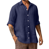 BONSIR  -  Cotton Linen Spring Summer Classic Retro Oversized Plain Color T-shirts For Men Office Casual Long Sleeve Button Up Basic Top