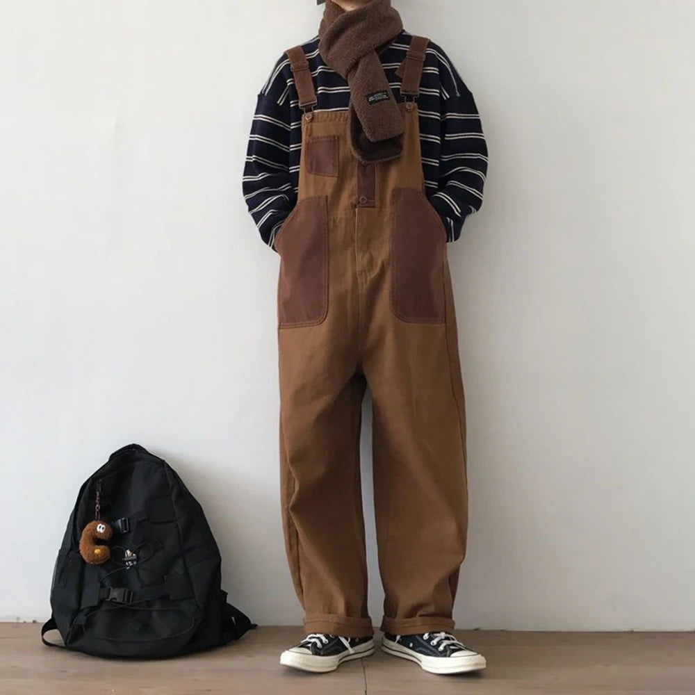 Bonsir Mens Japanese Workwear Style Casual Jumpsuit 2024 New Genderless Fashion Trend Loose Color Blocking Versatile Overalls Unisex