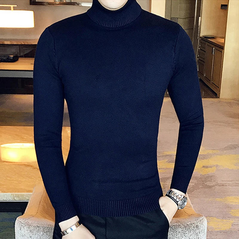 Bonsir Fall/Winter Men's Turtleneck Sweater Fashion Striped Solid Color Warm Knitted Sweater Men Double Collar Slim Fit Sweaters