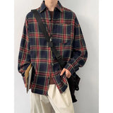BONSIR  -  American retro white navy plaid shirt men's autumn tide brand sanding shirt coat loose casual shirt