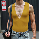 BONSIR  -  Men Tank Tops Knitted Deep V Neck Sleeveless Male Vests Summer Streetwear 2025 Solid Color Sexy Fashion Men Clothing
