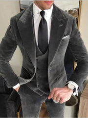 Bonsir Grey Velvet Business Suits for Men Slim Fit Peak Lapel Custom Wedding Groom Tuxedo 3 Piece (Jacket + Pants + Vest)