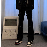 Bonsir American style pants high street black strap slightly flared jeans men's slim fit straight leg work pants