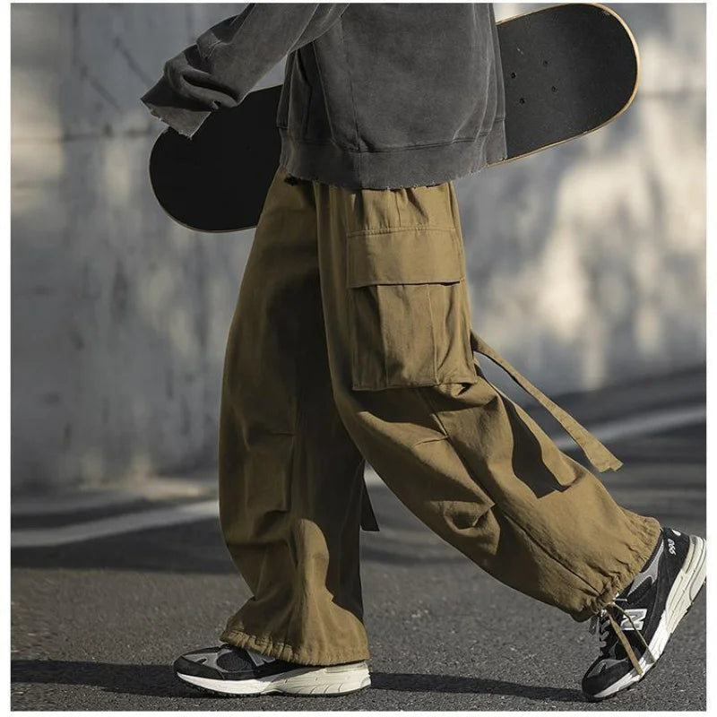 Bonsir Korean Version Vintage High Street Casual Work Pants Men's Students Solid Elastic Waist Pockets Loose Wide Leg Straight Trousers