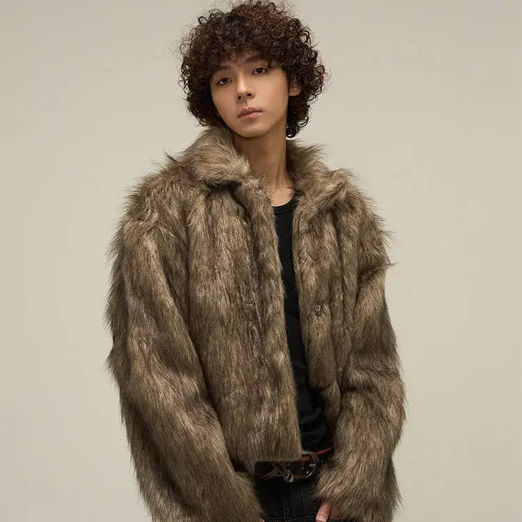 Bonsir Winter Short Thick Warm Brown Hairy Soft Faux Fur Coat Men with Turn-down Collar Long Sleeve Fluffy Jackets