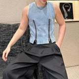 Bonsir Mens Denim Vest Double Zipper Casual Short Vest Niche Personality Streetwear Versatile Sleeveless Tank Top Men'S Clothing
