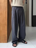 BONSIR  -  American Sle Cotton Linen Workwear Pants Men Loose Straight Leg Floor Length f Elastic Buttoned Linen Breathable Suit