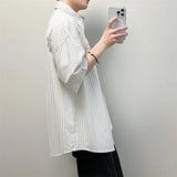 BONSIR  -  Men's Oversized Striped Casual Shirt - Korean Fashion Trend Short Sleeve Button-Down Collared Top  Stylish Layered Streetwear
