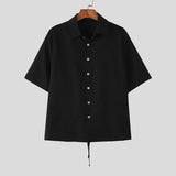 BONSIR  -  Men Shirt Solid Color Lapel Short Sleeve Lace Up Streetwear Men Clothing Summer 2025 Button Fashion Tops Camisas S-5XL