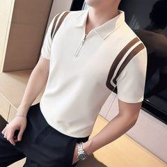 Bonsir Summer High Elastic Stripe Short Sleeve Polo Shirts Men's Business Casual Zipper T-shirt Tops Streetwear Plus Size 4XL-M