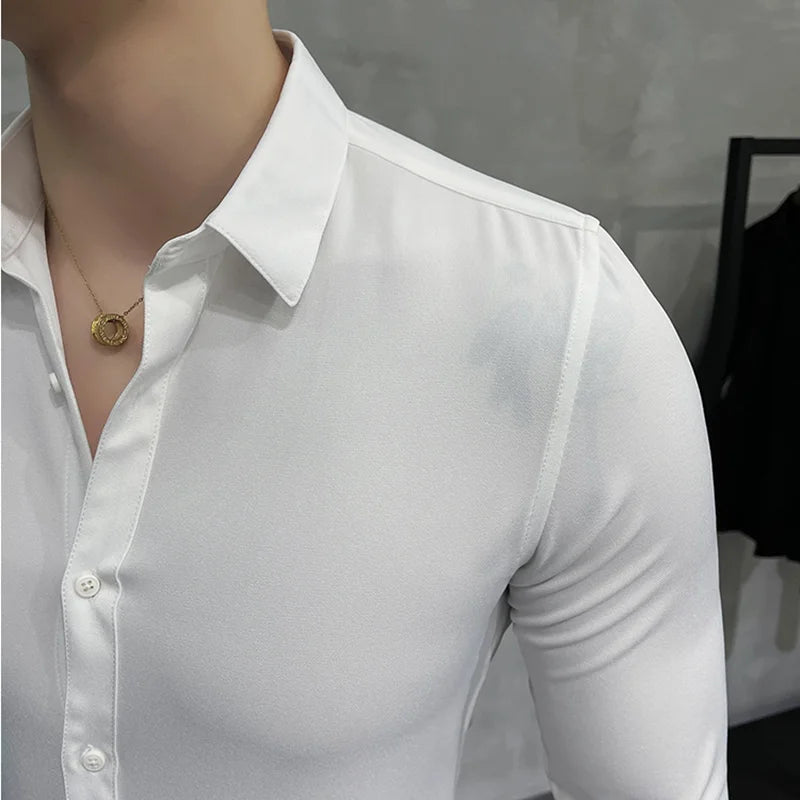 Bonsir Plus Size 7XL-M High Quality Men Dress Shirt Spring Long Sleeve Solid Business Slim Shirts Homme Dress Social Casual Shirt