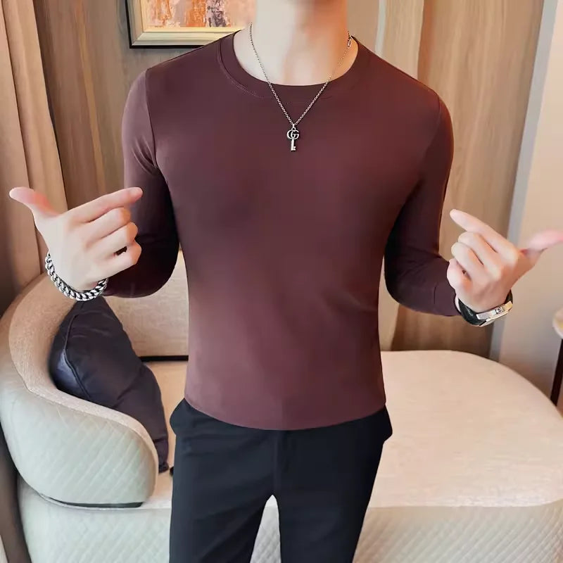 Bonsir Autumn Winter Men's Round Neck Long Sleeve T Shirts Men Solid Color Slim Fit Casual Elastic Warm Versatile Tee Shirt