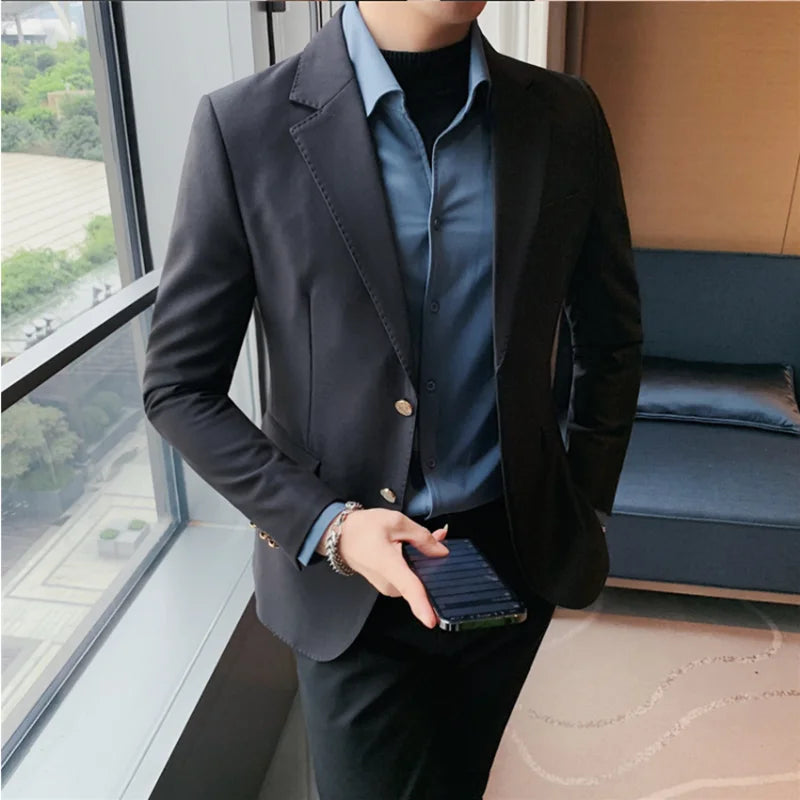 Bonsir British Style Men Business Two Buttons Blazer Coat Fashion Big Collar Slim Suit Jacket Homme Formal Wedding Party Social Dress