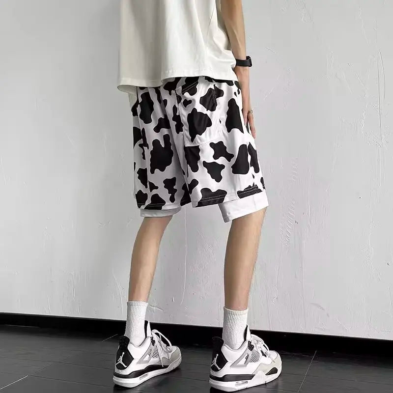 Bonsir Casual Pants Men Cow Print Streetwear Summer Knee-length Fake Two Pieces Teenagers American Style Loose Oversize Drawstring Soft