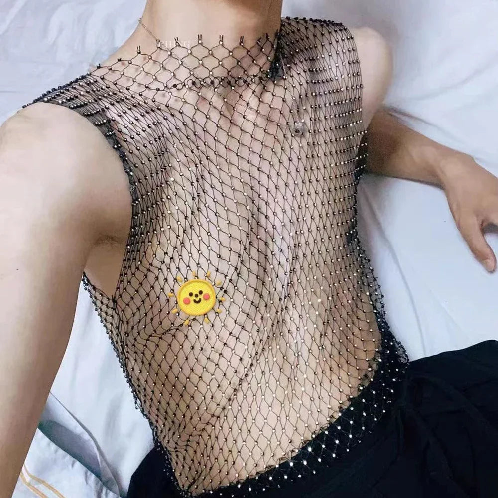 Bonsir New Flash Diamond Hollow Vest Mesh Navel-Baring Vest Mens Sexy Fishnet Perspective Trendy Nightclub Lgbt Sexy Underwear