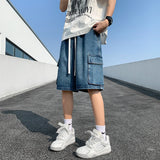 BONSIR  -  Summer New Baggy Denim Shorts Men's Pocket Jeans Elastic Waist Casual Blue High Street Drawstring Short Pants Streetwear