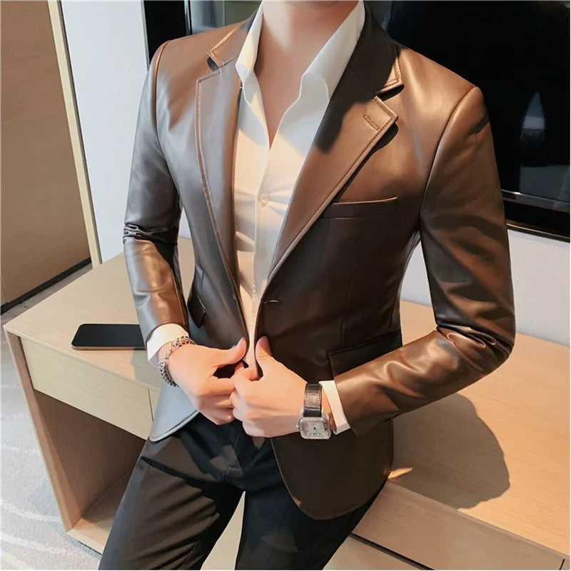 Bonsir Men's Leather Jacket Autumn Highend Fashion Solid Slim Fit Business Blazers Coats Korean Casual PU Leather Suit Tuxedo