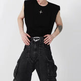 Bonsir Mens Vest Shoulder Pads And Metal Decoration Casual Vest Streetwear Fashion Sleeveless T-Shirt Old Money Men'S Clothing 2025 New