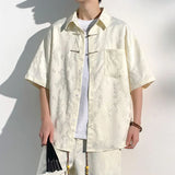 Bonsir Chinese Short-Sleeved Shirt For Men 2024 Summer Loose Disc Button Jacquard Design High Quality Retro Original Color Shirt Unisex
