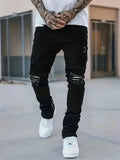 BONSIR  -  Men's Slim Fit Black Jeans - Street Style, Cotton Blend, Mid-Stretch Fabric, Ripped Detail, All-Season Wear