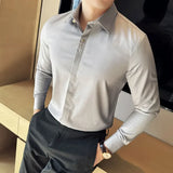 Bonsir Men's Fashion Metal Decorative Embellished Shirt High Quality Bamboo Fiber Fabric Slim Fit Embroidery Long Sleeve Business Shirt