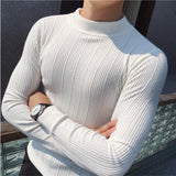 Bonsir Plus Size 4XL-M Autumn Winter Half Turtleneck Stripe Sweater Men Elastic Knitting Pullover Korean Slim Solid Tight Sweater Tops