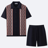 BONSIR  -  Fashionable Patchwork Knit Outfits Men Casual Short Sleeve Button Shirts And Shorts Two Piece Suits For Mens Summer Vintage Sets