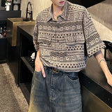 Bonsir Mens Shirt Ethnic Geometric Totem Casual Shirt Summer Street Trend Retro Niche Hawaiian Short-Sleeve Top Men'S Clothing 2024