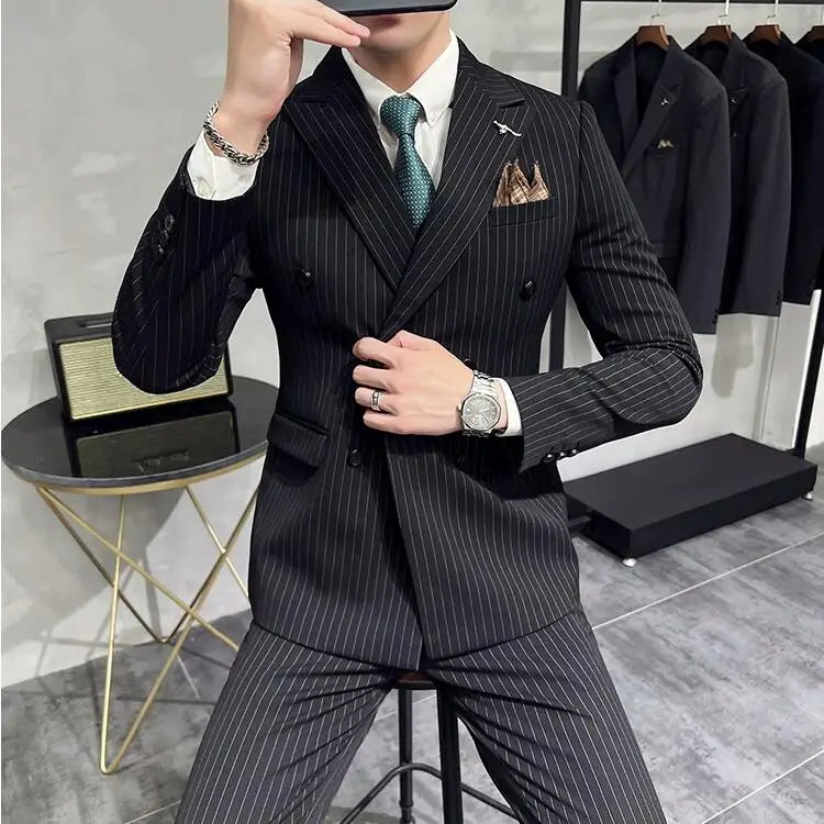 Bonsir Luxury Fashion Stripe Men Suits Double Breasted Slim Fit Business Wedding Stage Tuxedo Formal Office Work Casual Suits 3Pcs/2Pcs