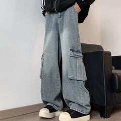 Bonsir Men Cargo Jeans Loose Straight Wide Leg Denim Pants Men's Hip Hop Streetwear Neutral Skateboard Mopping denim Trousers