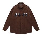 BONSIR  -  Vintage Cats Embroidery Shirts Mens Streetwear Harajuku Long Sleeve Shirt for Men Loose Casual Autumn New Blouse Coats Top