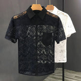 Bonsir Mens Hollow Sexy Lace Short Sleeve Casual Shirt See-Through 2024 New Genderless Fashion Versatile Youth Trend Retro Shirt Unisex