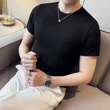 Bonsir Summer Men Ice Silk Short Sleeved T-shirt Fashion Stripes O-Neck Slim Fit Casual Elastic Tee Tops 4XL-M Streetwear
