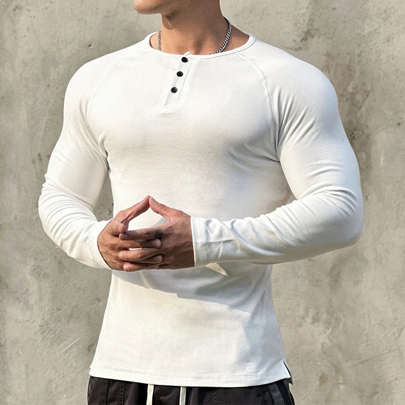 BONSIR  -  Casual Long Sleeve Solid T-shirt Gym Man Long Sleeve Henry Collar Shirt Muscle Men Elastic Ribbed Basic Tops Pullover Streetwear