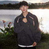 BONSIR  -  Men's Hooded Sweatshirt Coat Retro Contrasting Color Splicing Male Cardigan Autumn High Street Style Loose Zipper Top