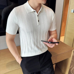 Bonsir Summer Lyocell Jacquard Knitted Polo Shirt For Men High Quality Ice Silk Stripe Casual Business Lapel Short Sleeved T-shirt